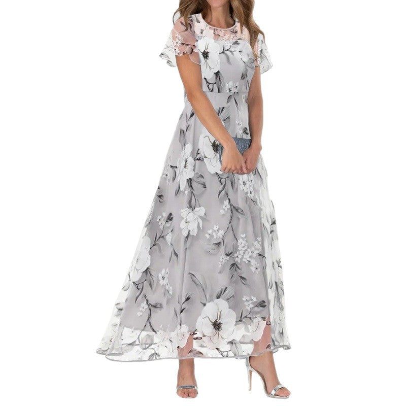 New Womens Round-neck Short-sleeve Long Dress With A Printed Design
