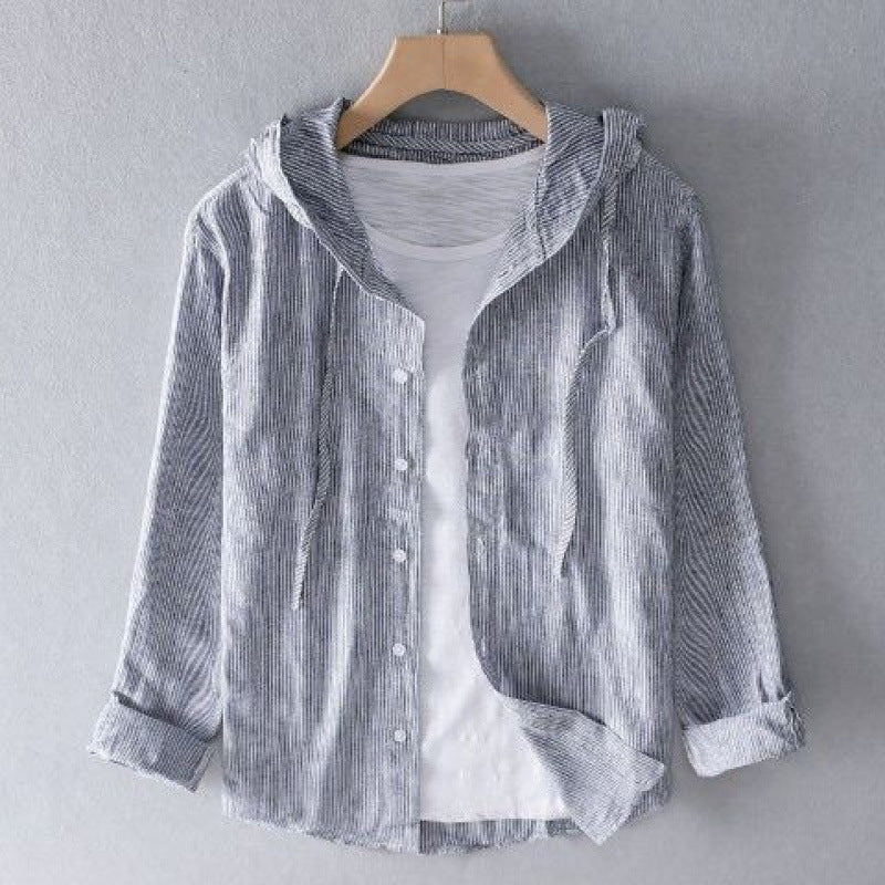 Hooded Long Sleeve Solid Color Shirt Loose Fit Stylish Cotton Linen
