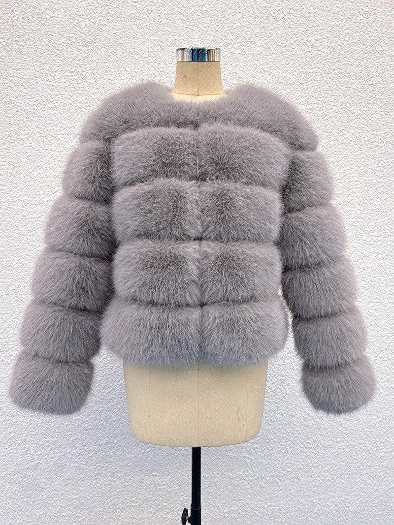 Faux Fox-fur Patchwork Winter Coat With Long Sleeves For Extra Warmth And Insulation