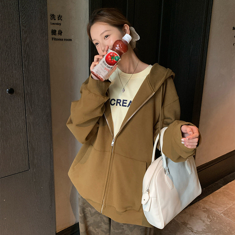 Solid Color Zipper Sweater Coat Women's Style Hooded