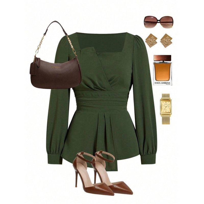 New Solid-color Square-neck Puffed-sleeve Asymmetrical Hem