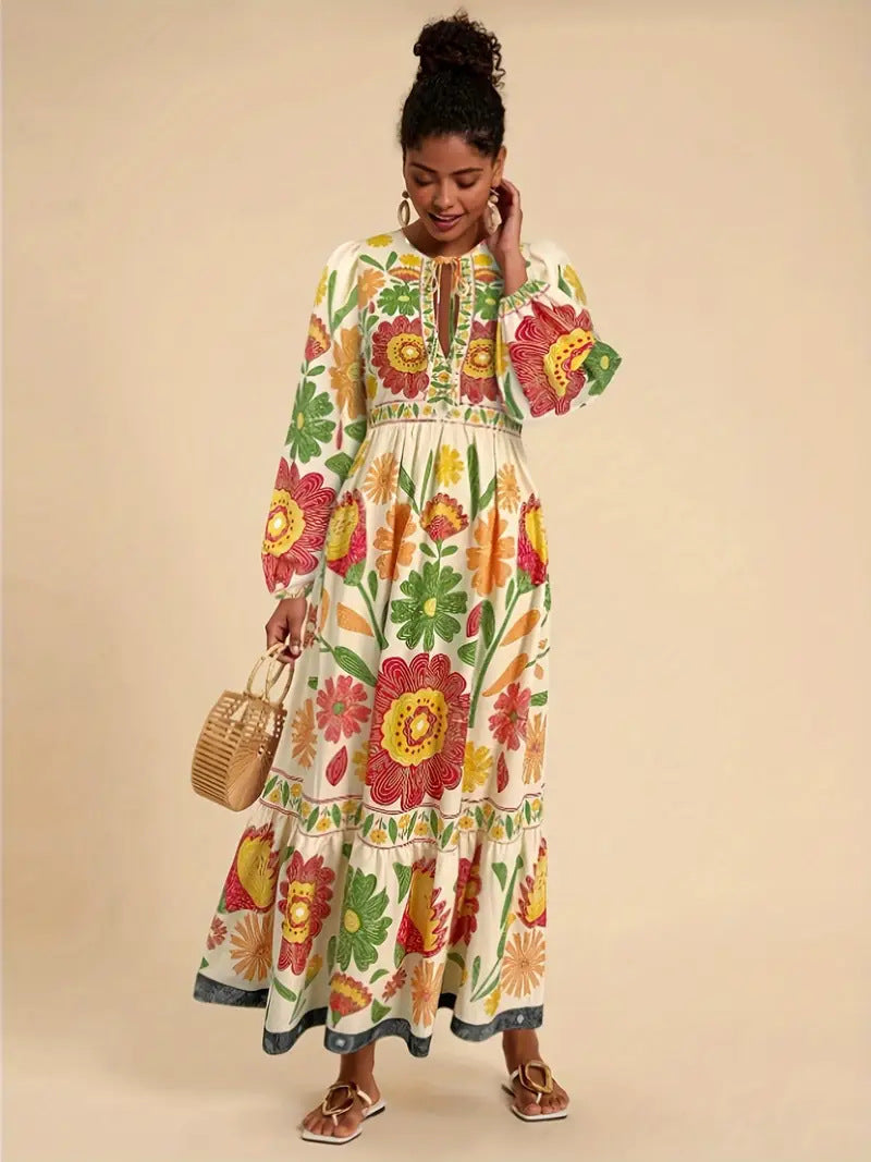 Printed Flared Skirt Long Sleeve Lace Up Casual Dress