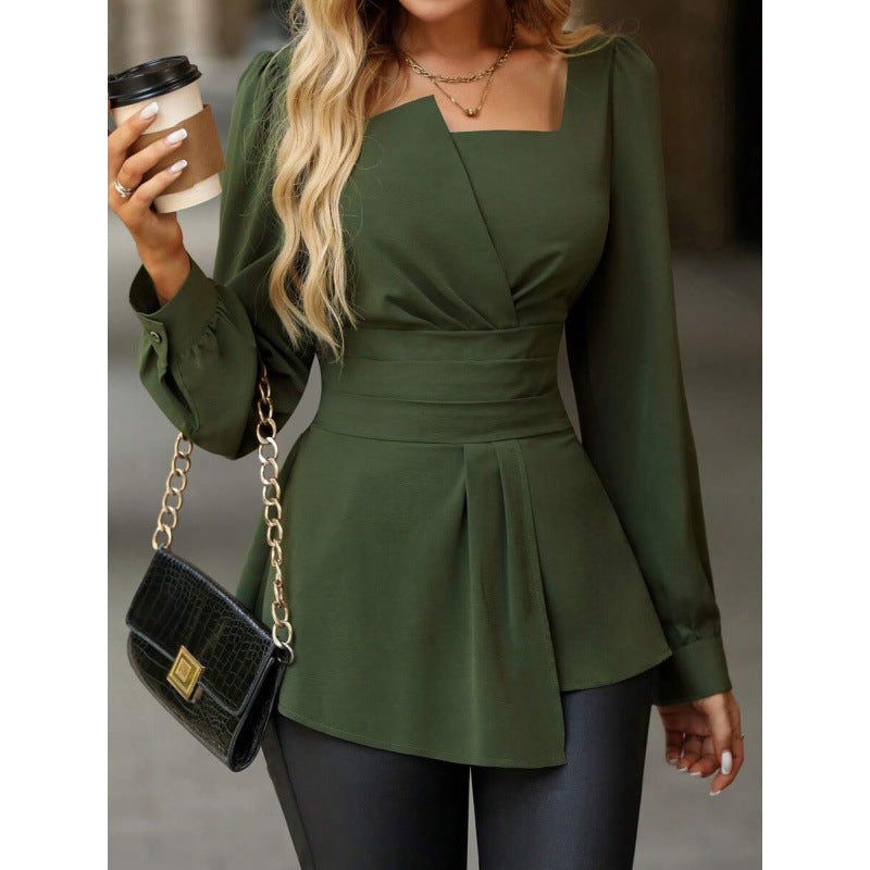 New Solid-color Square-neck Puffed-sleeve Asymmetrical Hem