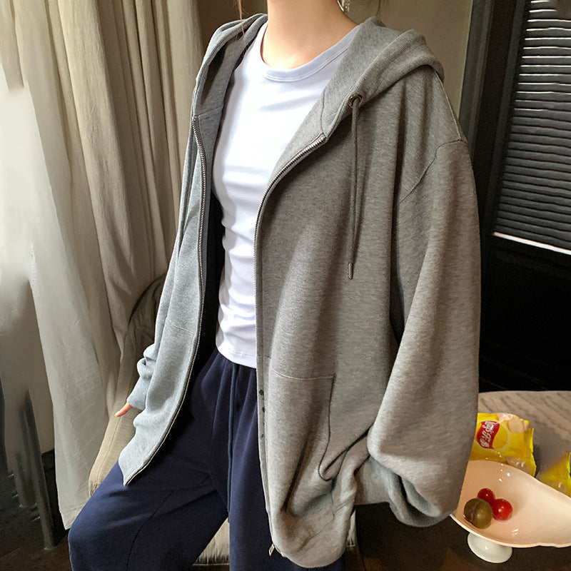 Solid Color Zipper Sweater Coat Women's Style Hooded