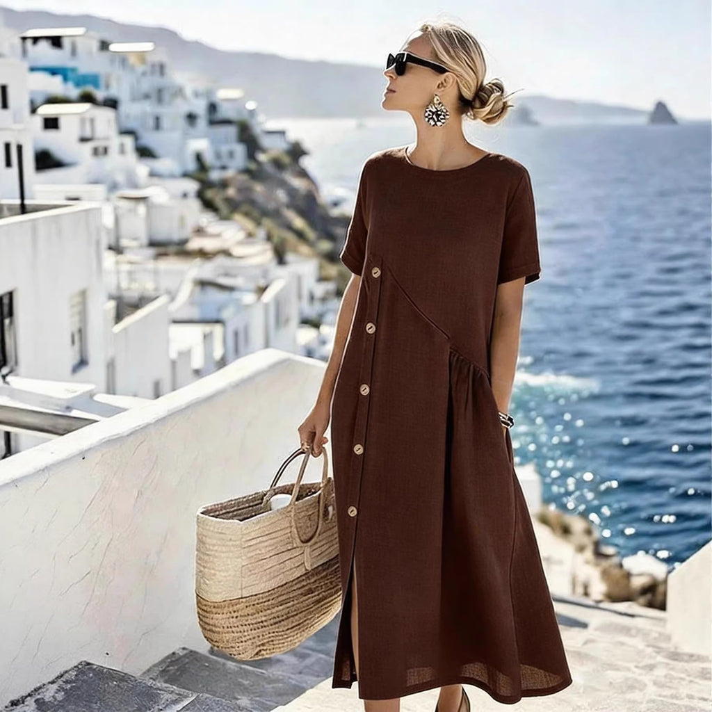 Button-embellished Pleated-pocket Mid-length Dress