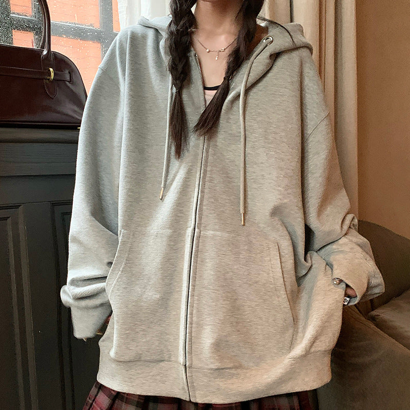Solid Color Zipper Sweater Coat Women's Style Hooded