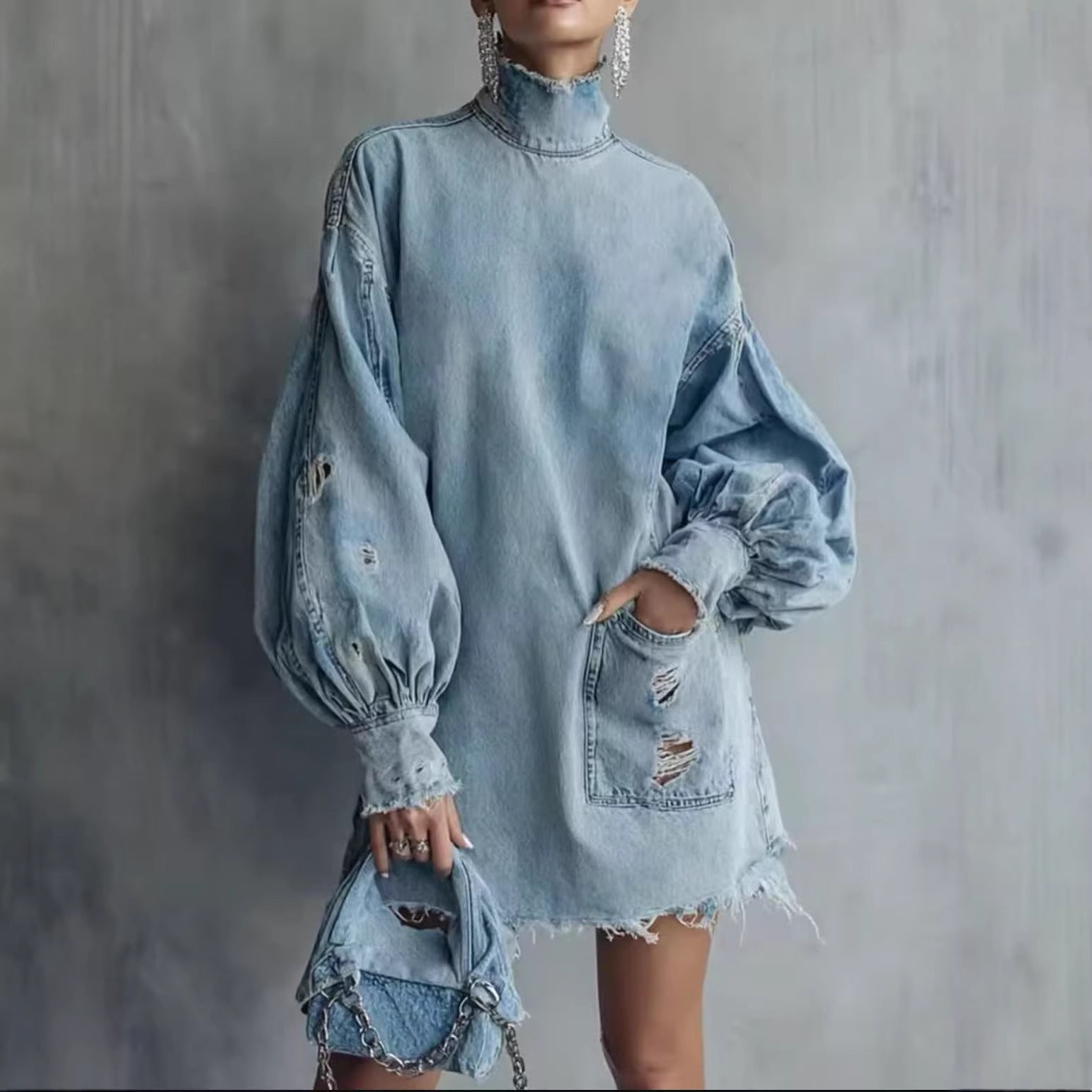 Plus-size Womens Long-sleeve Dress With Ripped Detailing