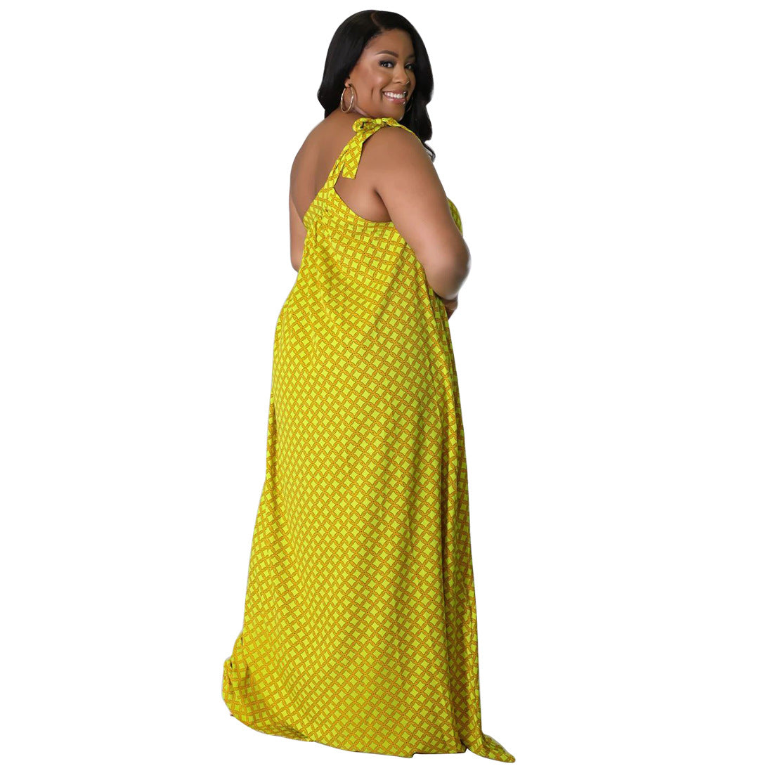 Plus-size Women's Sexy Backless Solid-color Printed One-shoulder Halter Dress