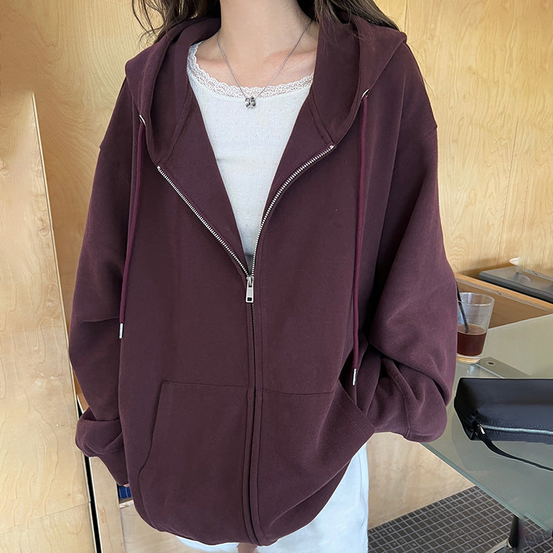 Solid Color Zipper Sweater Coat Women's Style Hooded