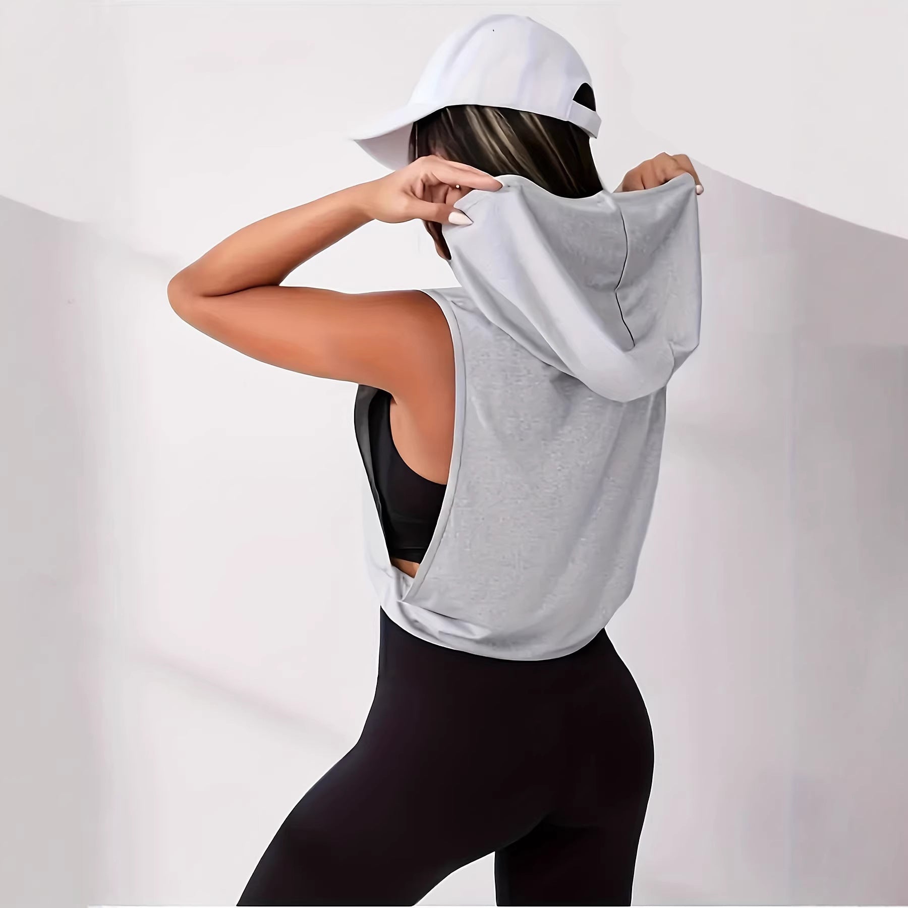 Womens Solid-Color Sporty Hooded Pullover With Drawstring Casual Sweatshirt