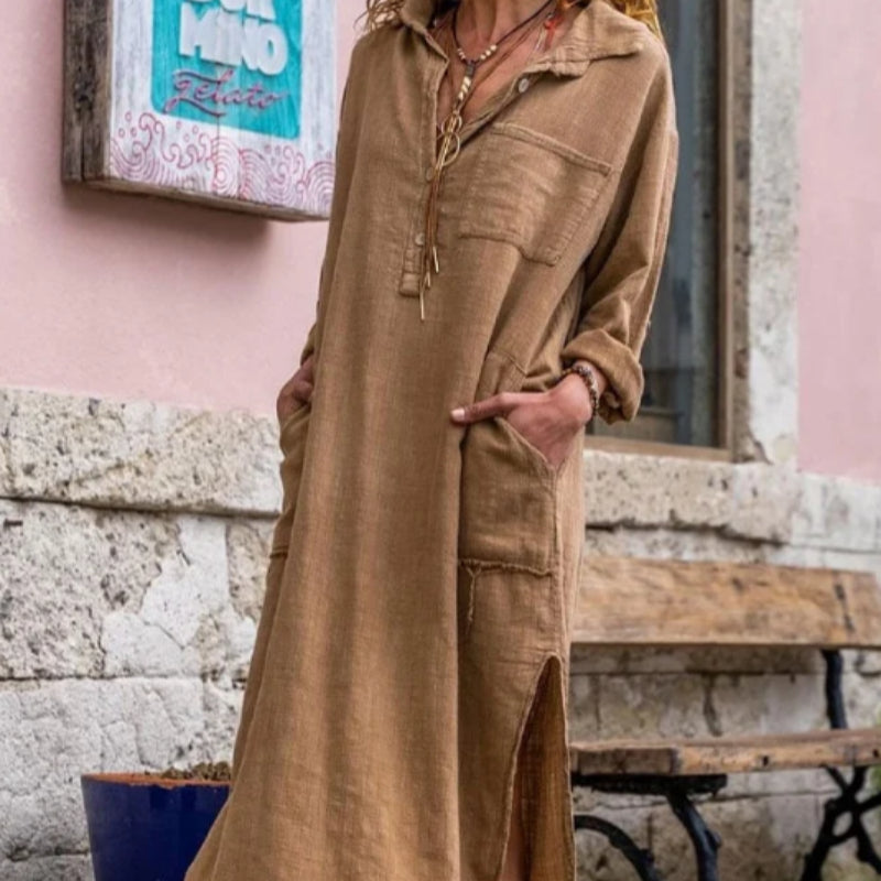 Women's Casual Brown Cotton Loose Fit Shirt Dress
