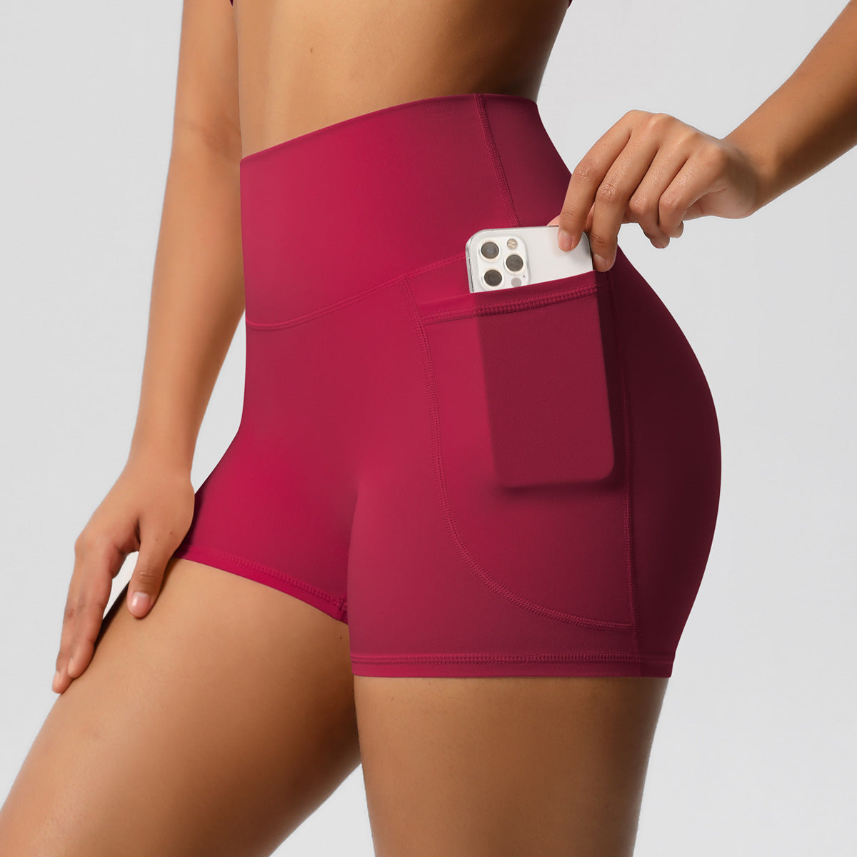 Womens Pockets Yoga Shorts Summer Three-Quarter Peach-Colored Yoga Shorts