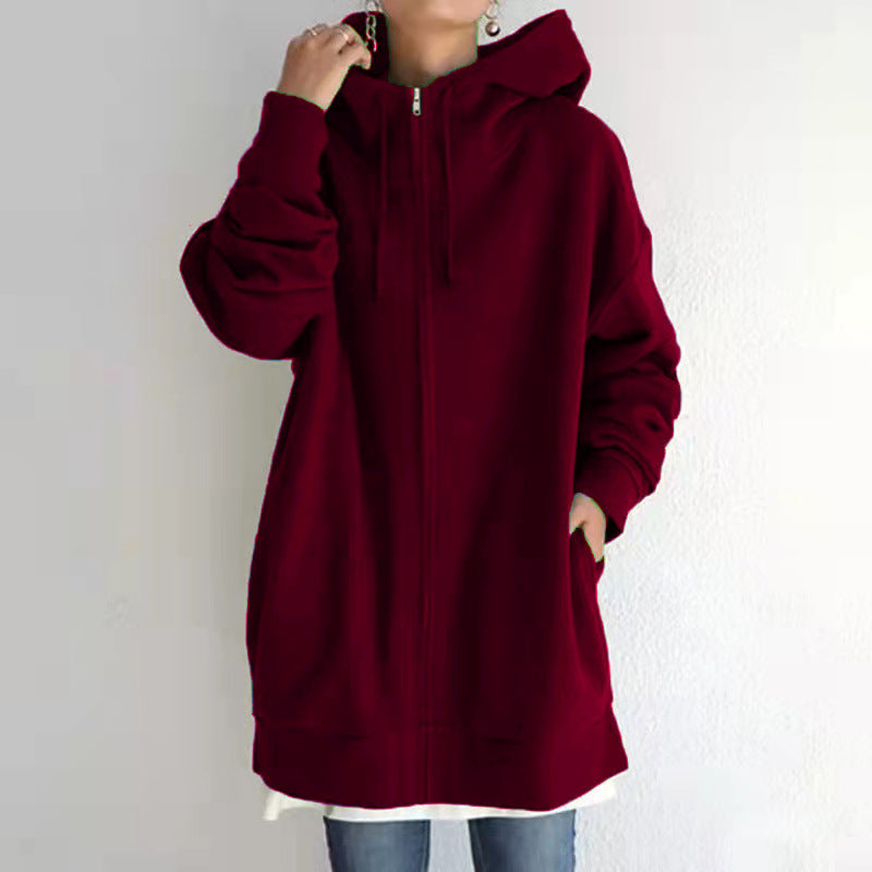 New Stylish Streetwear Long Fleece-lined Hoodie With A Zipper And Hood