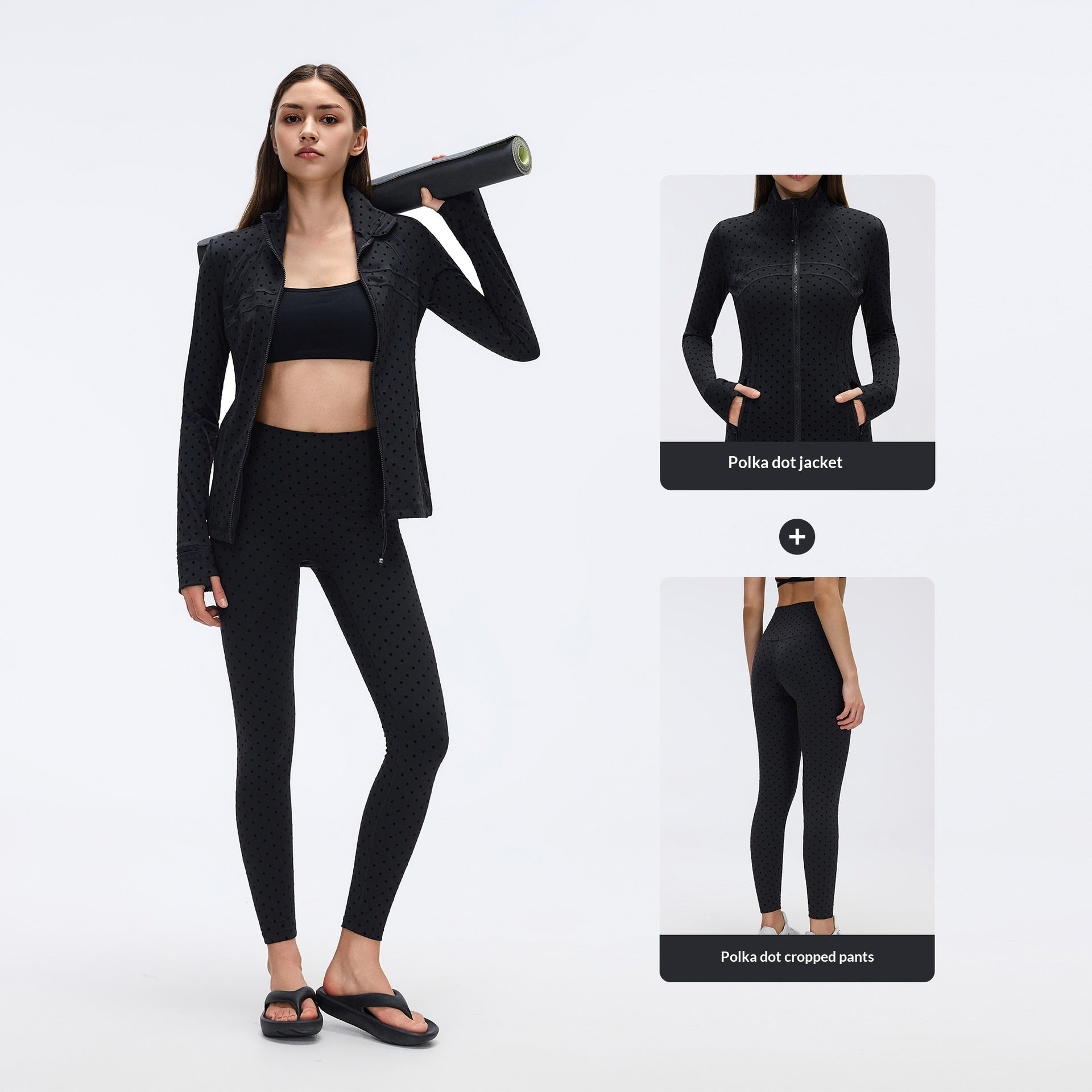 Black Polka-Dot Yoga Leggings And Stand-Up Collar Jacket A Slimming, Figure-Hugging Sportswear Set