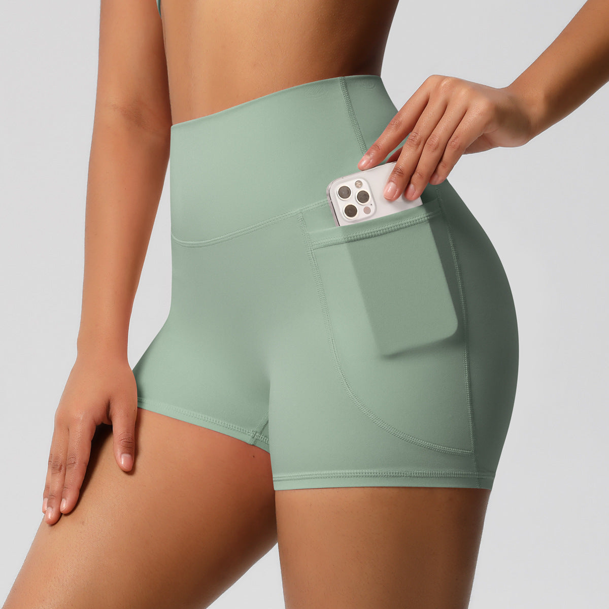 Womens Pockets Yoga Shorts Summer Three-Quarter Peach-Colored Yoga Shorts