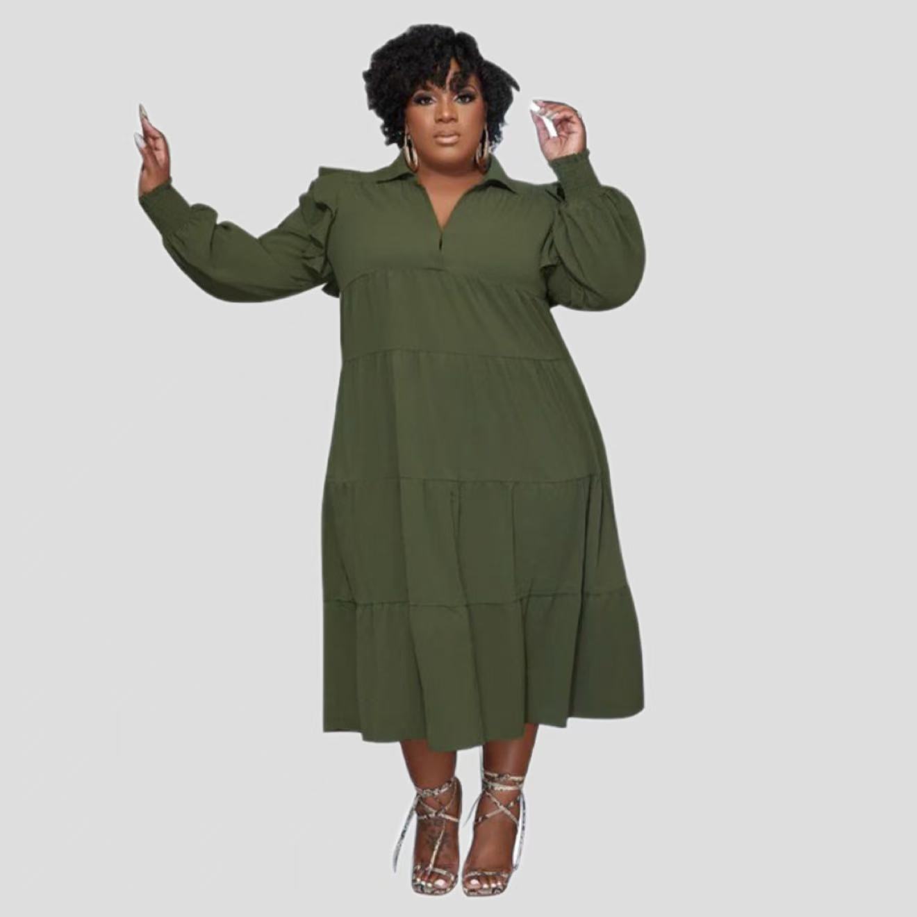 Women's Fashion Ruffle-Shoulder Long-Sleeve Layered Dress