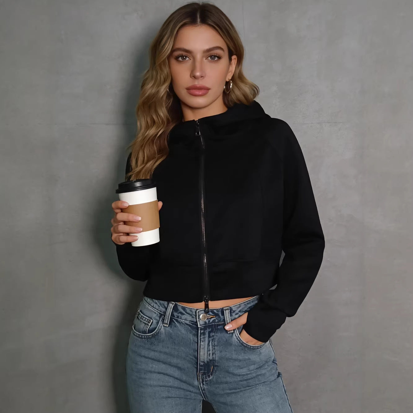 Retro Double Zip Hooded Fleece Lined Sweatshirt Short Cardigan Jacket