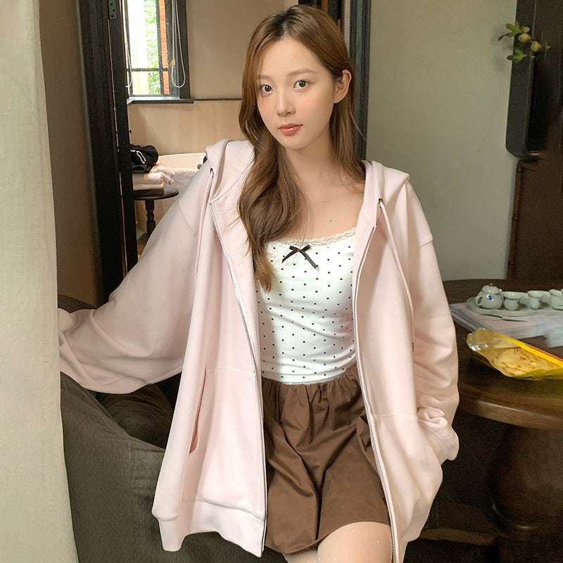 Solid Color Zipper Sweater Coat Women's Style Hooded