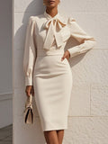 Autumn Fashion Elegant Solid-Color Waist-Cinching Dress With Bow Accent