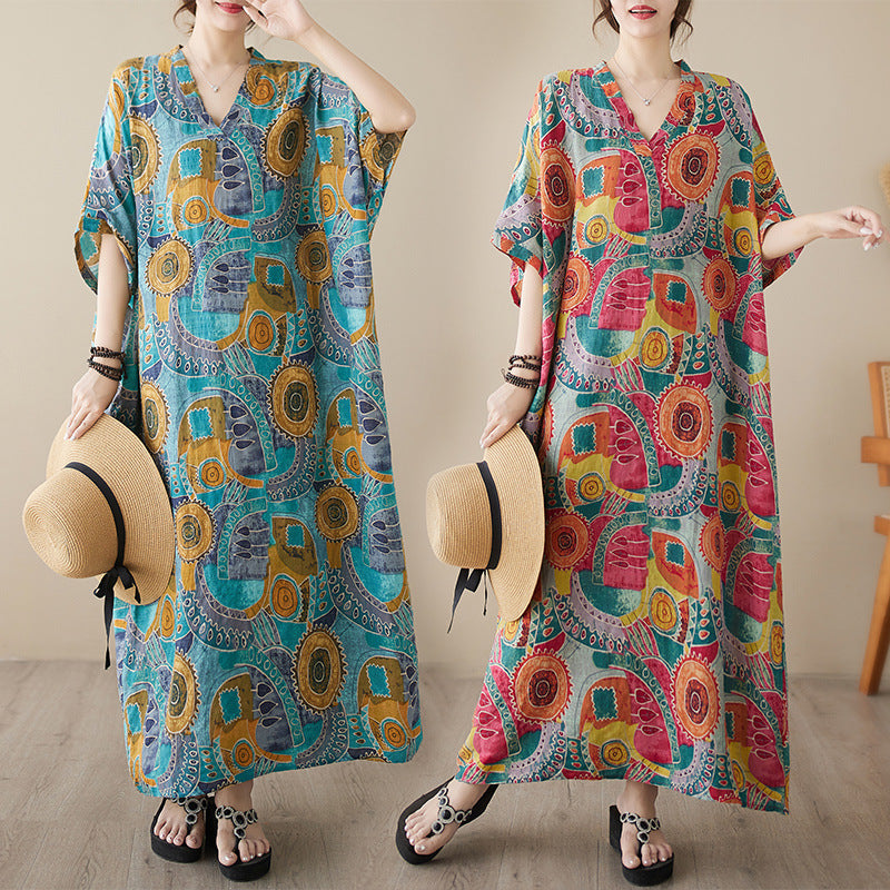 V-neck Loose-fit Bohemian-style Beach Dress With A Retro Vacation Vibe