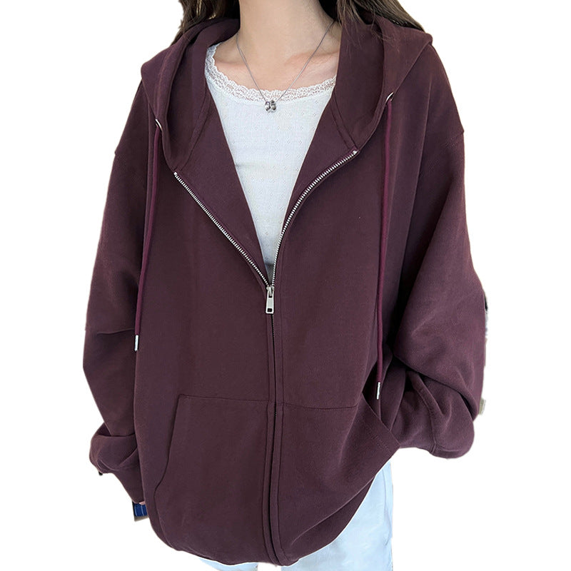 Solid Color Zipper Sweater Coat Women's Style Hooded