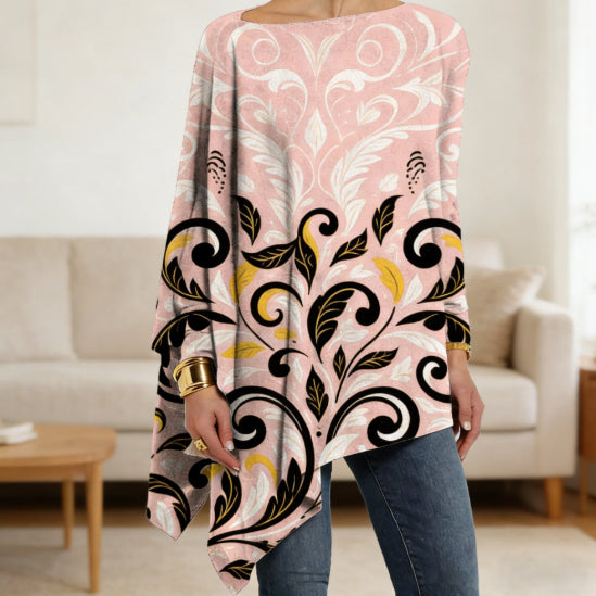 Blush Baroque Scroll Print Long Sleeve Asymmetric Hem Loose Top