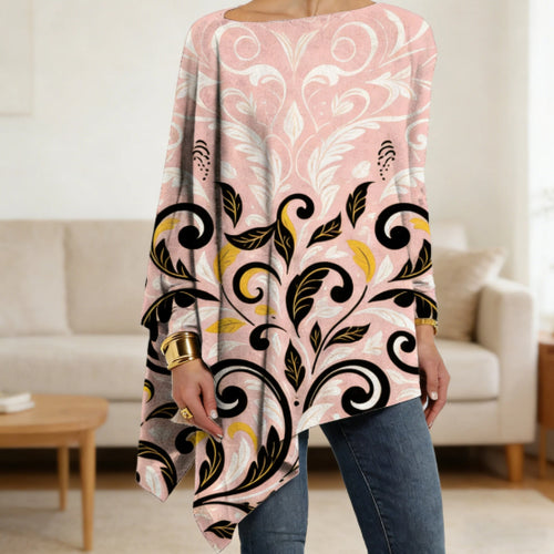 Blush Baroque Scroll Print Long Sleeve Asymmetric Hem Loose Top