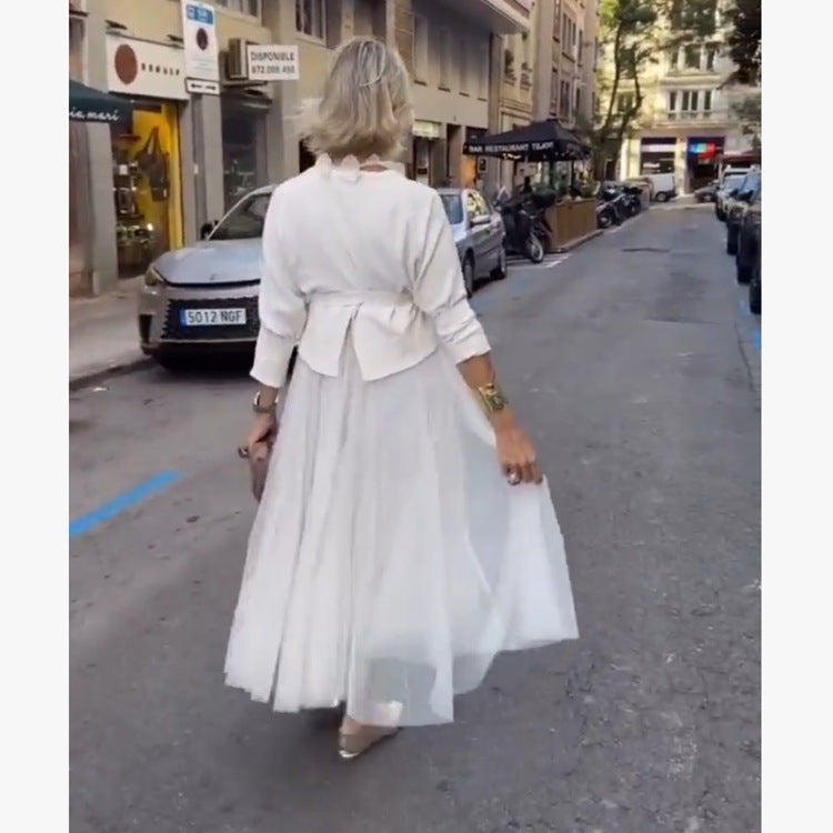 Knitted Round Neck Top Mesh Suspender Dress