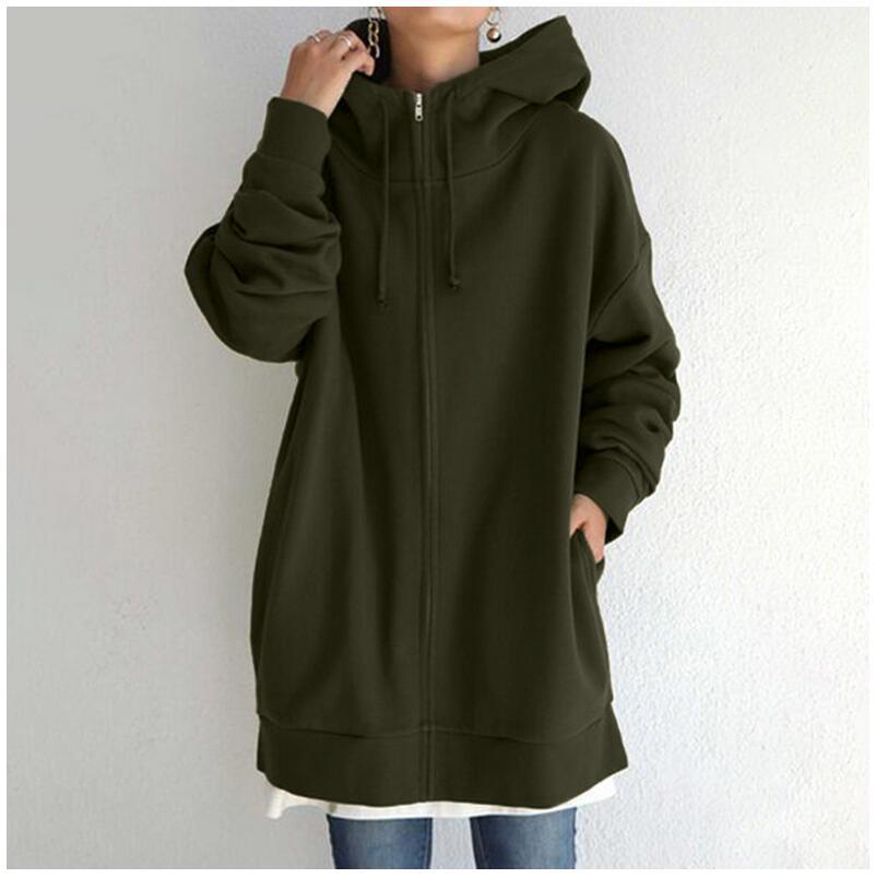 New Stylish Streetwear Long Fleece-lined Hoodie With A Zipper And Hood