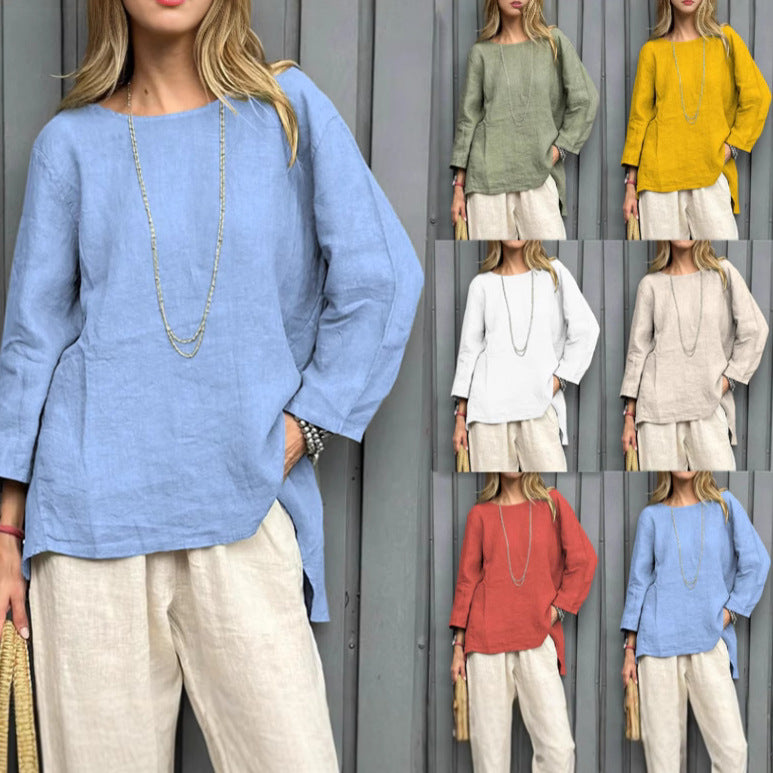 Vintage Cotton-Linen Crew-Neck Long-Sleeve Fashion Blouse For Women