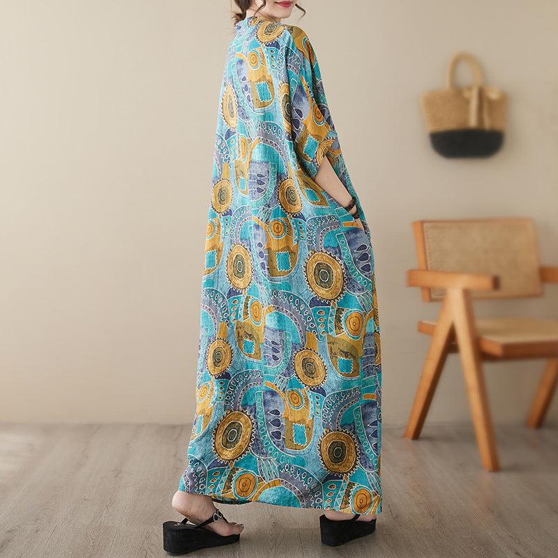 V-neck Loose-fit Bohemian-style Beach Dress With A Retro Vacation Vibe