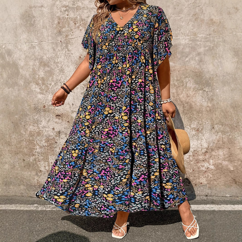 Elegant Plus-Size Womens Dress With Petite Floral Print And Ruffled Hem