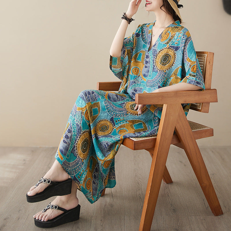 V-neck Loose-fit Bohemian-style Beach Dress With A Retro Vacation Vibe