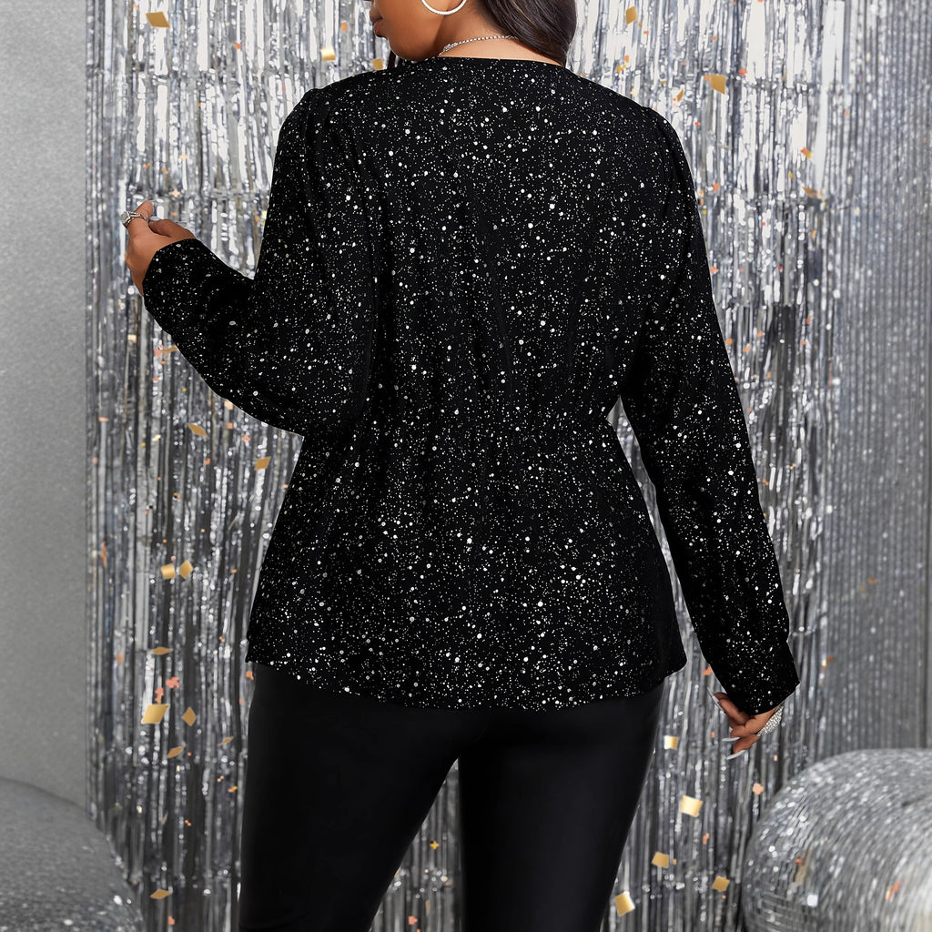 Womens Long-Sleeve Gold-Embossed Sparkly Ruffled Bodycon Party And Prom Top