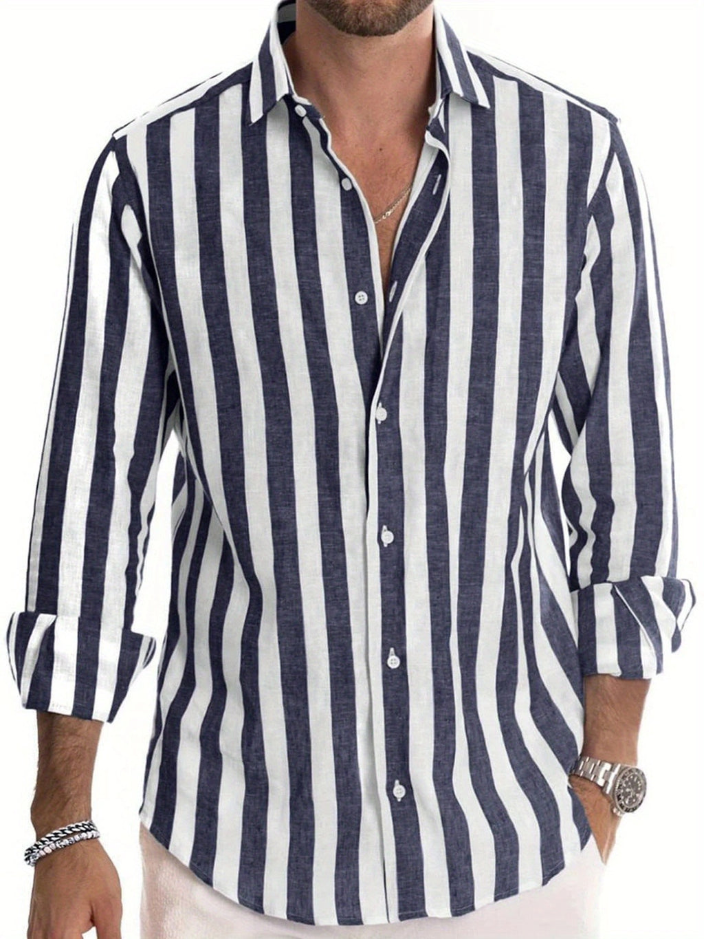 Mens Stylish Long-sleeve Striped Button-down Shirt