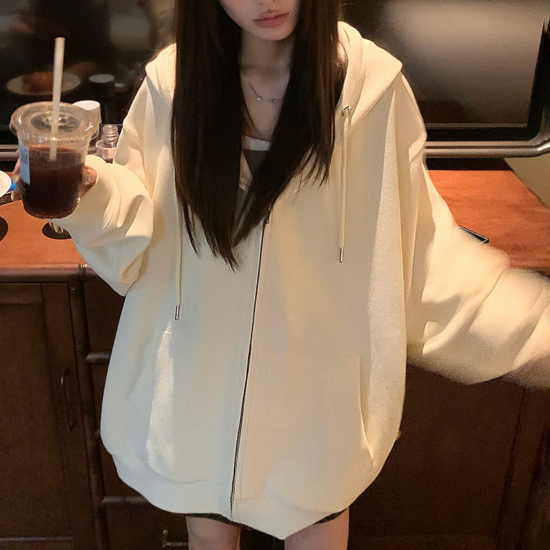 Solid Color Zipper Sweater Coat Women's Style Hooded