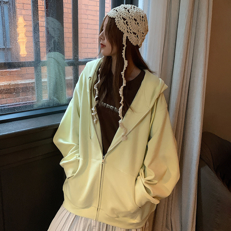 Solid Color Zipper Sweater Coat Women's Style Hooded