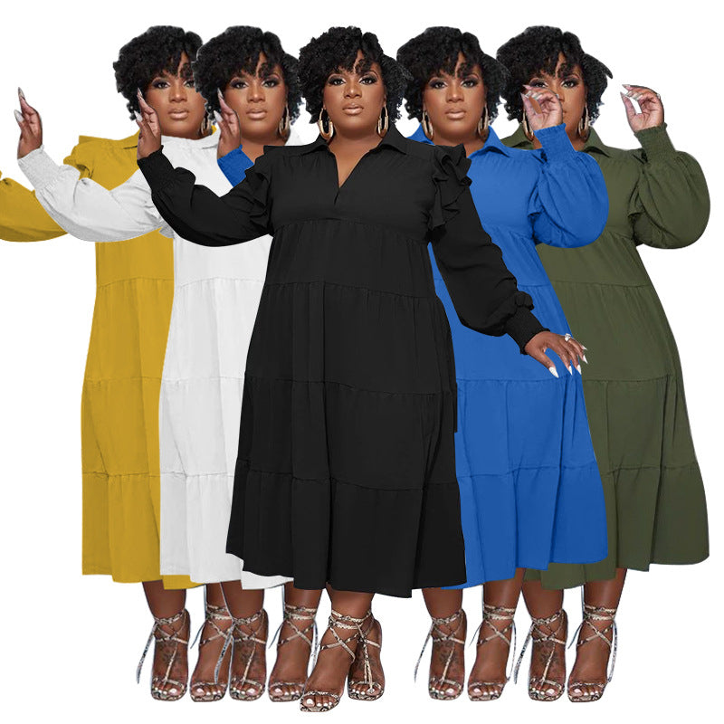 Women's Fashion Ruffle-Shoulder Long-Sleeve Layered Dress