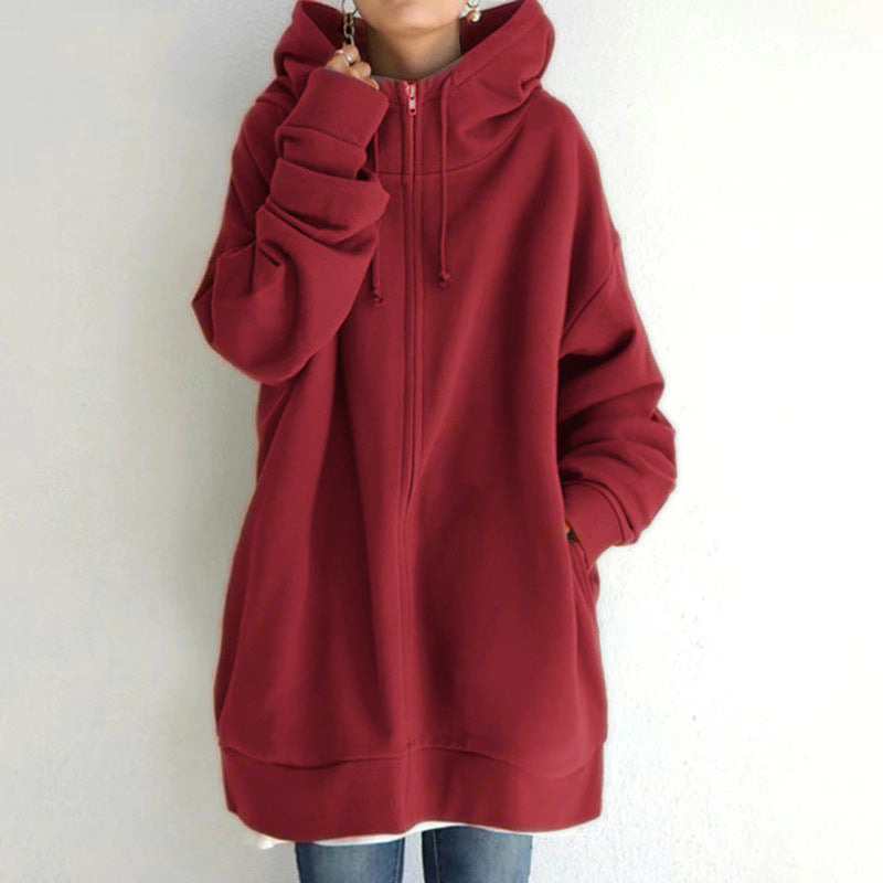 New Stylish Streetwear Long Fleece-lined Hoodie With A Zipper And Hood