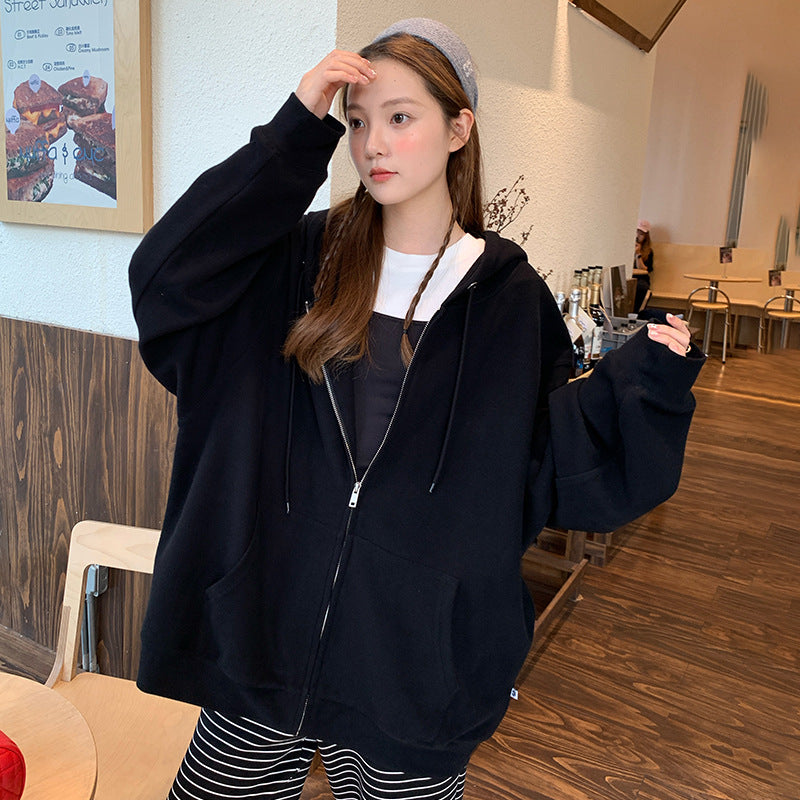 Solid Color Zipper Sweater Coat Women's Style Hooded