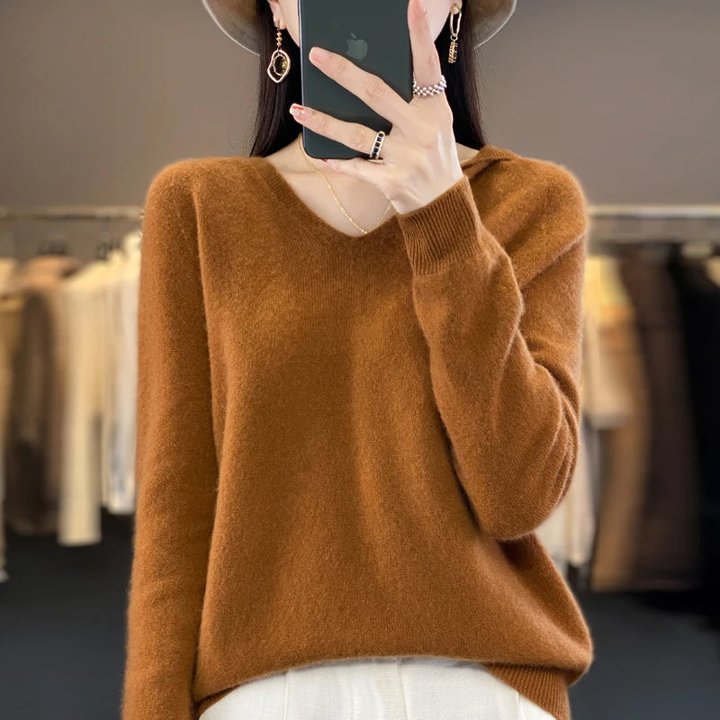 Autumn/Winter New 100% Merino Wool Women's Hooded Sweater Jumper Fashion Warm Sweater Women's Solid Color Solid Knit Soft Top