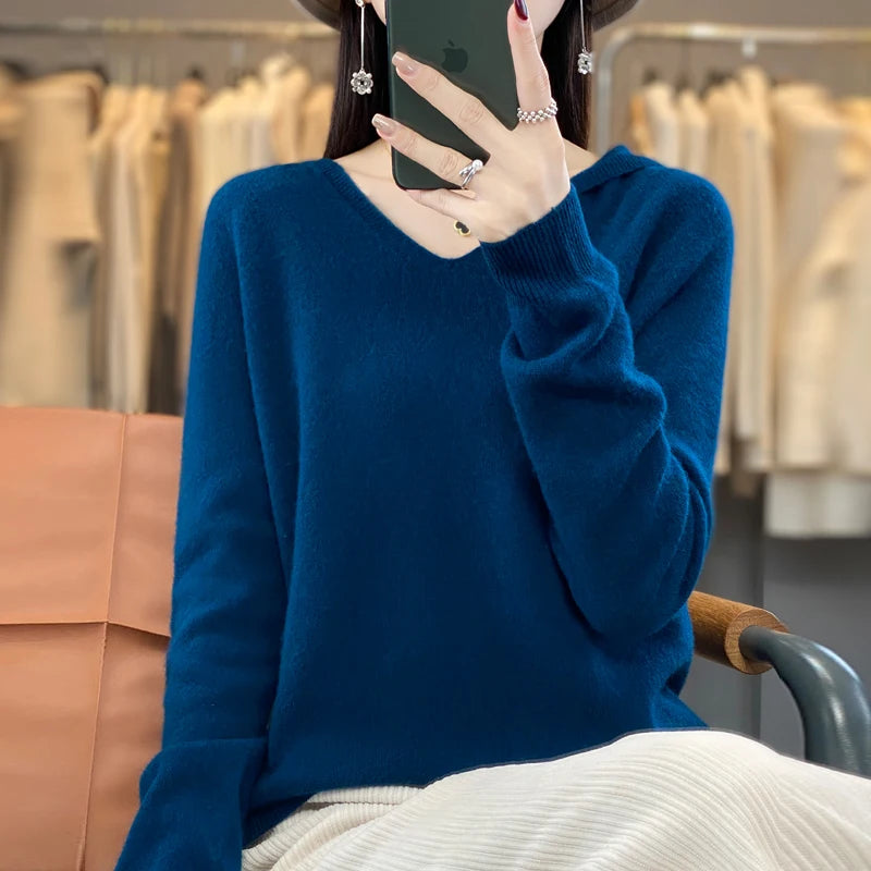Autumn/Winter New 100% Merino Wool Women's Hooded Sweater Jumper Fashion Warm Sweater Women's Solid Color Solid Knit Soft Top