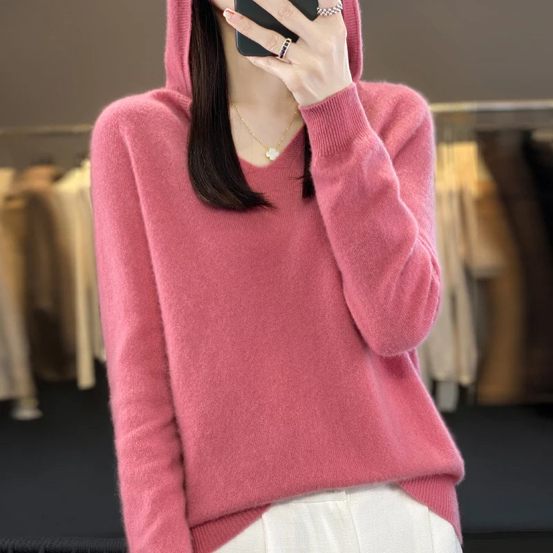 Autumn/Winter New 100% Merino Wool Women's Hooded Sweater Jumper Fashion Warm Sweater Women's Solid Color Solid Knit Soft Top