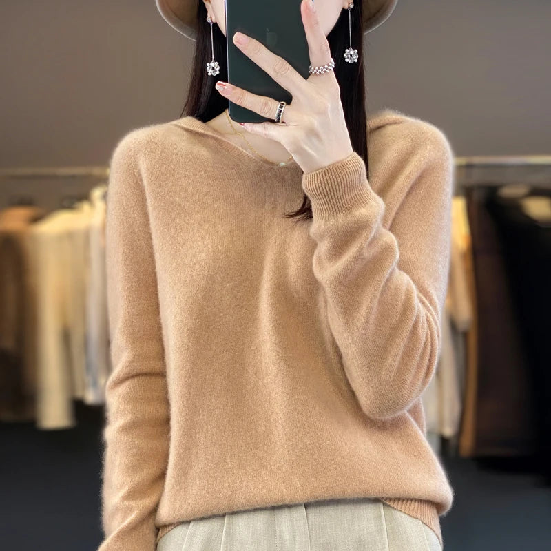 Autumn/Winter New 100% Merino Wool Women's Hooded Sweater Jumper Fashion Warm Sweater Women's Solid Color Solid Knit Soft Top