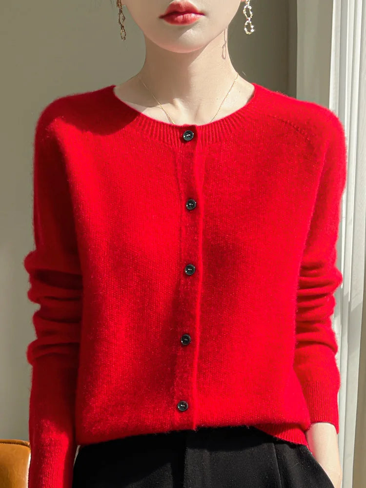 Women's Sweater Cardigans 100% Merino Wool Knitwear Raglan Sleeve Cashmere O-neck Solid Autumn Winter Casual Comfortable Tops